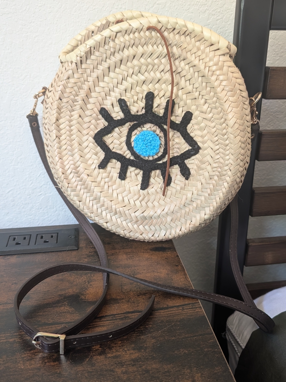 NWT Woven Round Straw Crossbody Bag with Evil Eye